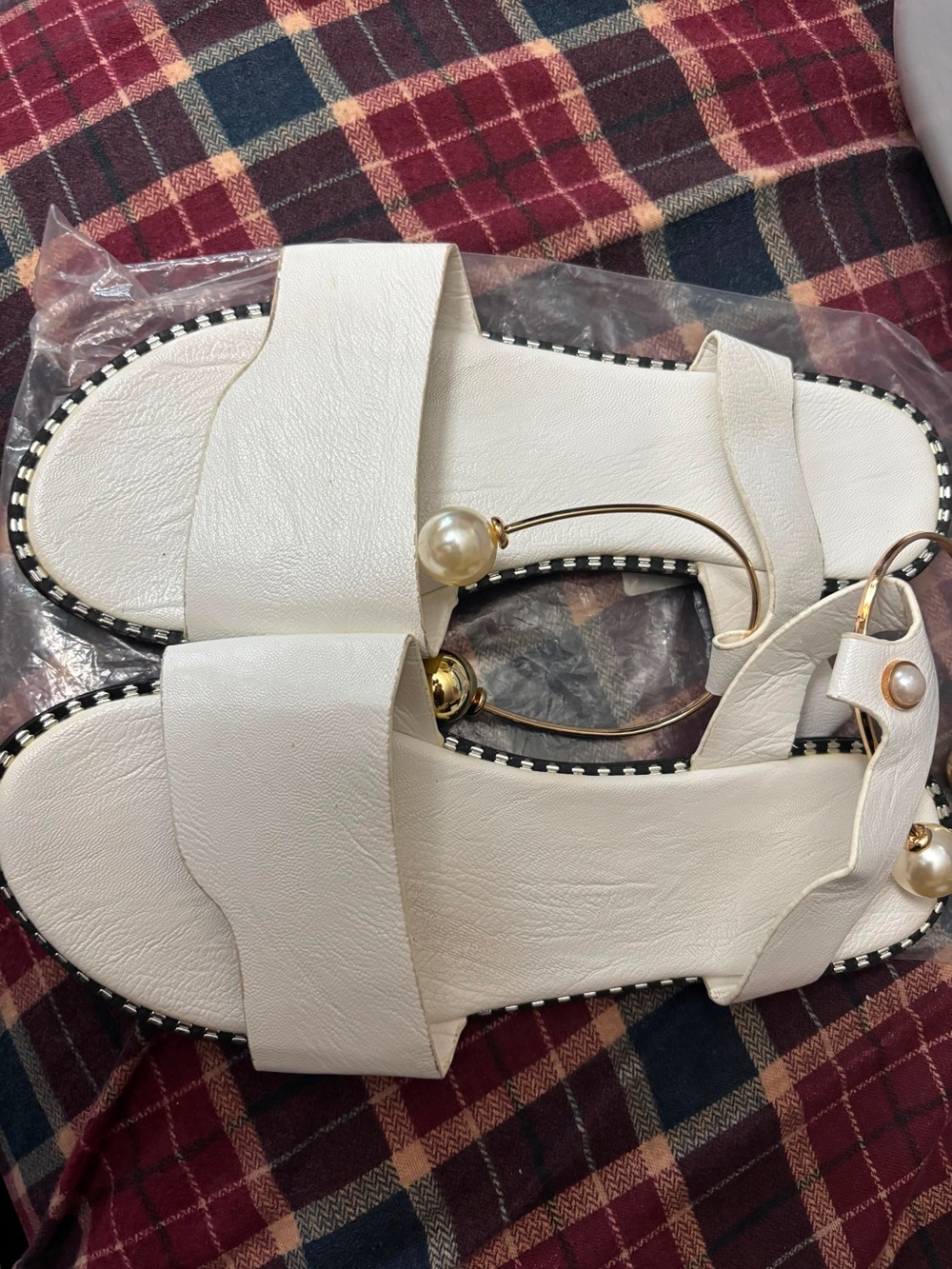 Others Follow White Slide Sandals with Pearl & Gold Accent